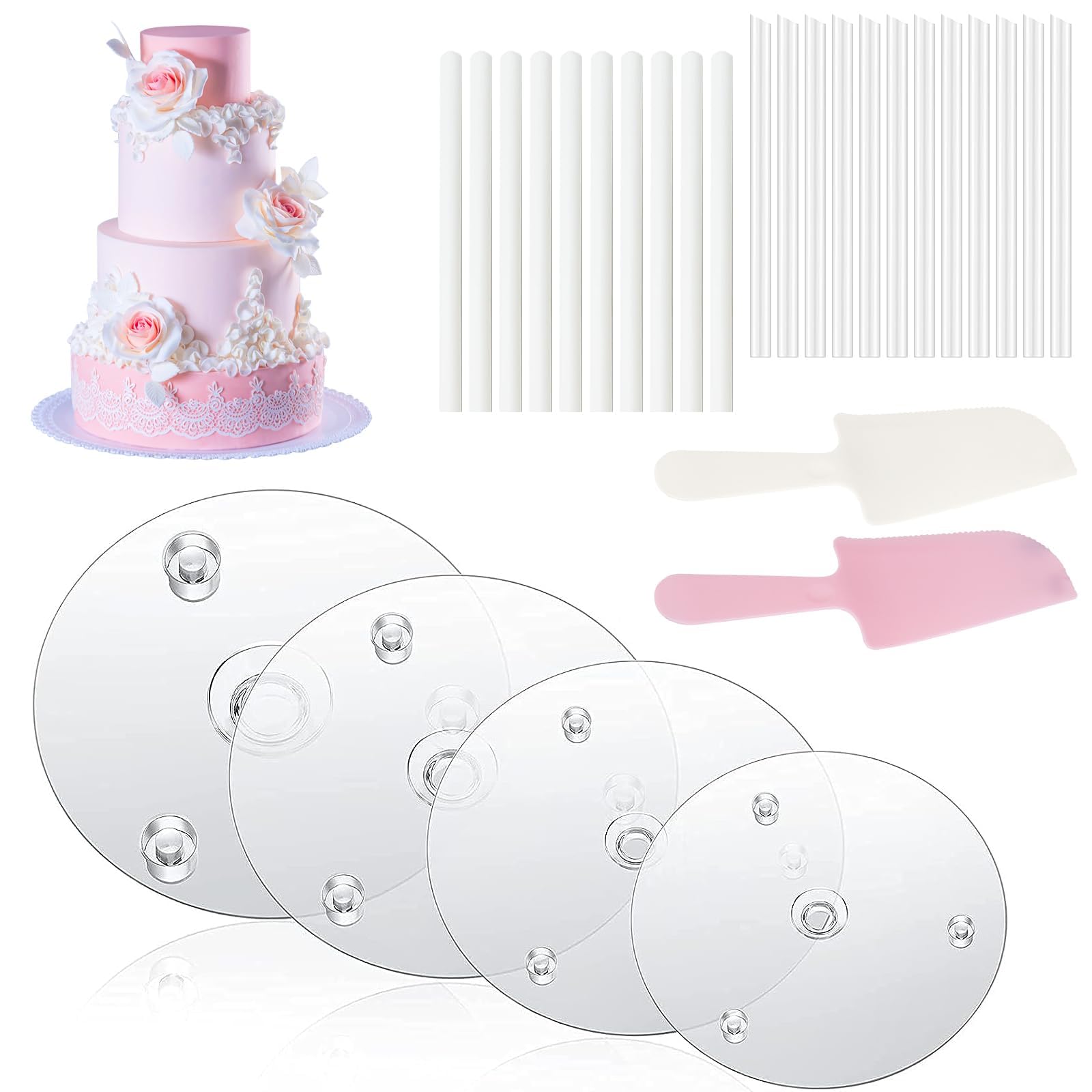 Juego De 28 Piezas Para Tartas Apilables | Soportes Con Ranuras, Pajitas Y Cortador, Reutilizable Para Tartas De Varios Pisos