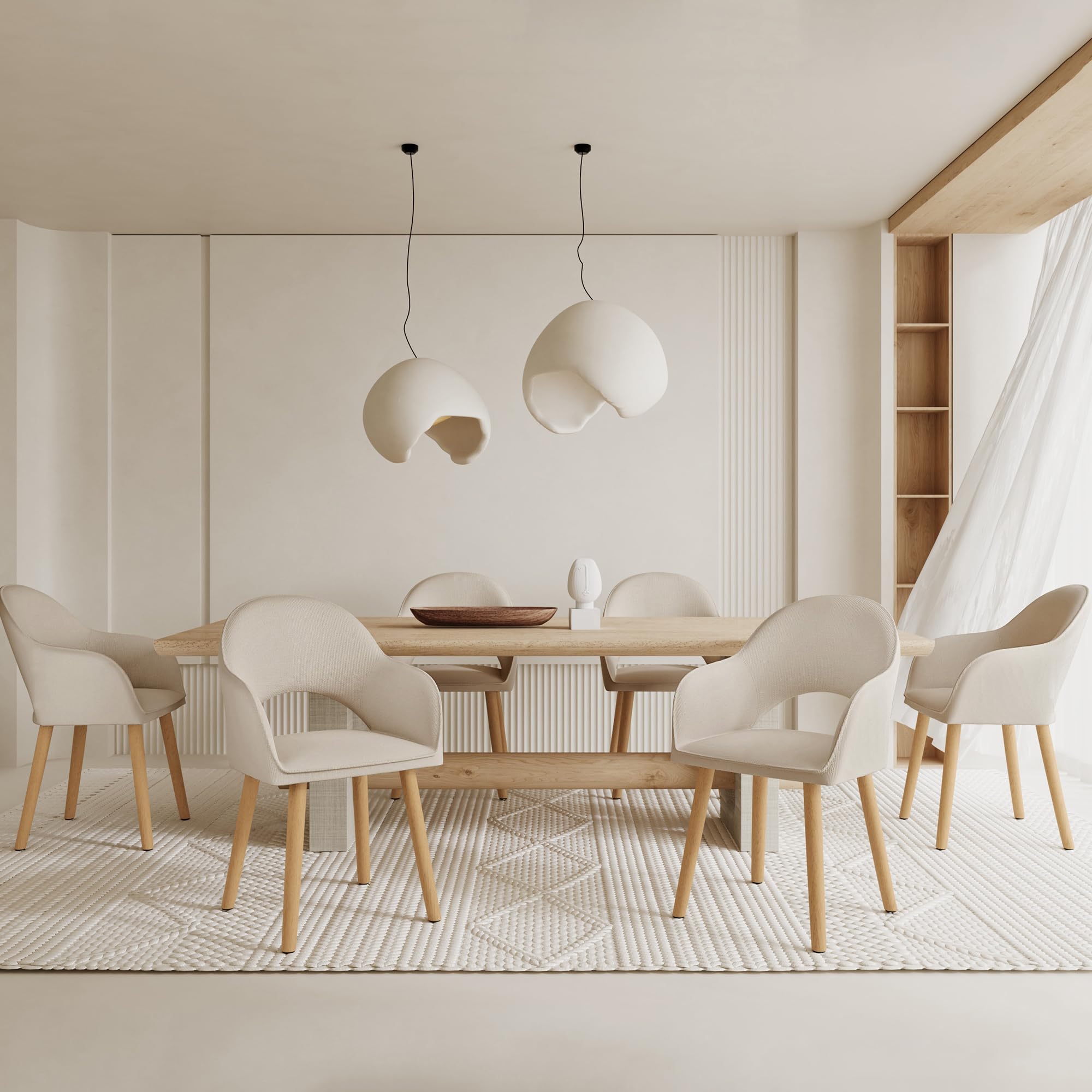 Lot de 6 Chaises Salle à Manger avec Accoudoirs,Fauteuils de Salle à Manger Rembourrés,Chaises de Cuisine avec Pieds en Bois pour Salon,Bureau,Beige