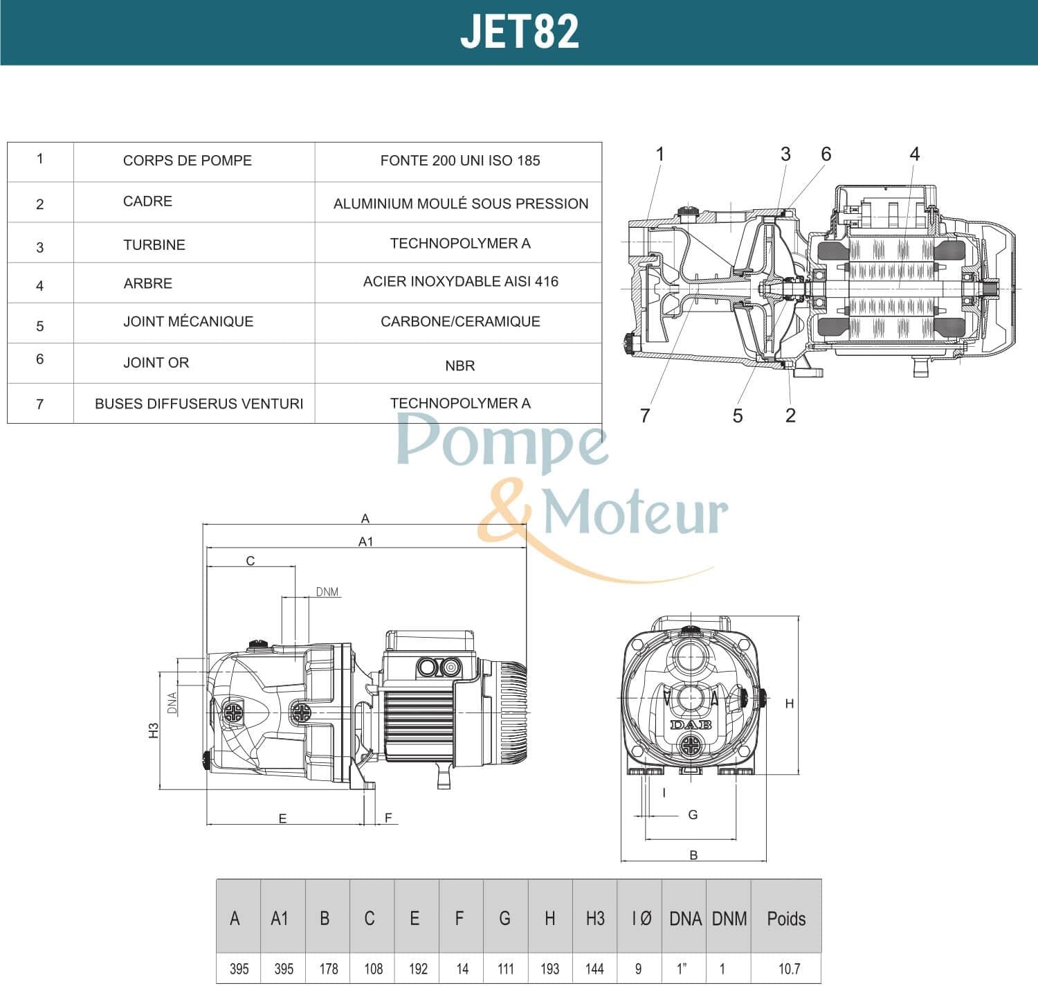 DAB JET 82 M pump dimensions and connection points