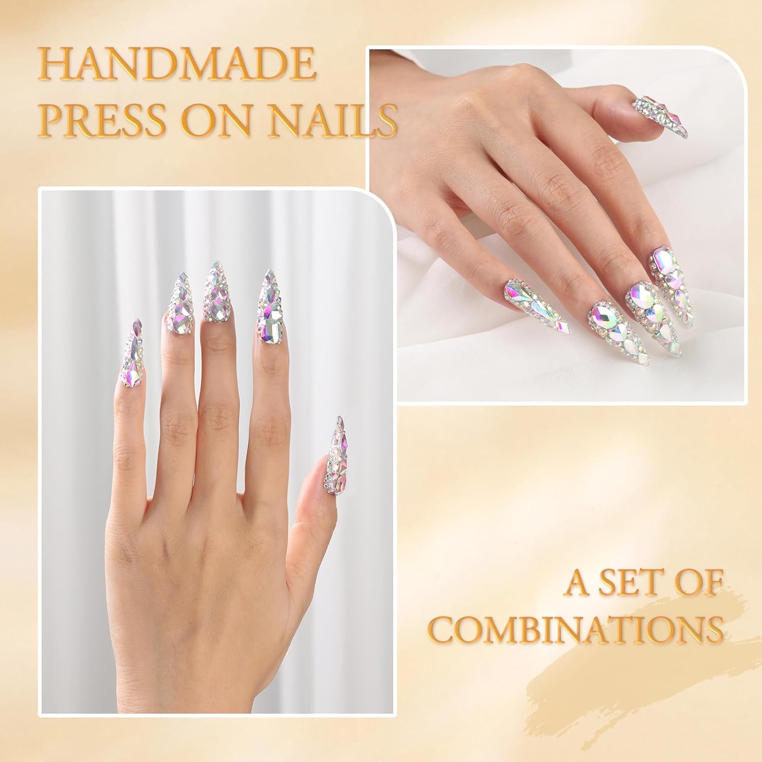 Kaquee-Really Handmade Press on Nails Long,Luxury Golden Stiletto Fake Nails Y2k,Glue Stick on Nails with Butterfly Bling Rhinestones,Nail Art Gifts for Women Girls (Silver, XS) 2 Kaquee-Really Handmade Press on Nails Long,Luxury Golden Stiletto Fake Nails Y2k,Glue Stick on Nails with Butterfly Bling Rhinestones,Nail Art Gifts for Women Girls (Silver, XS)