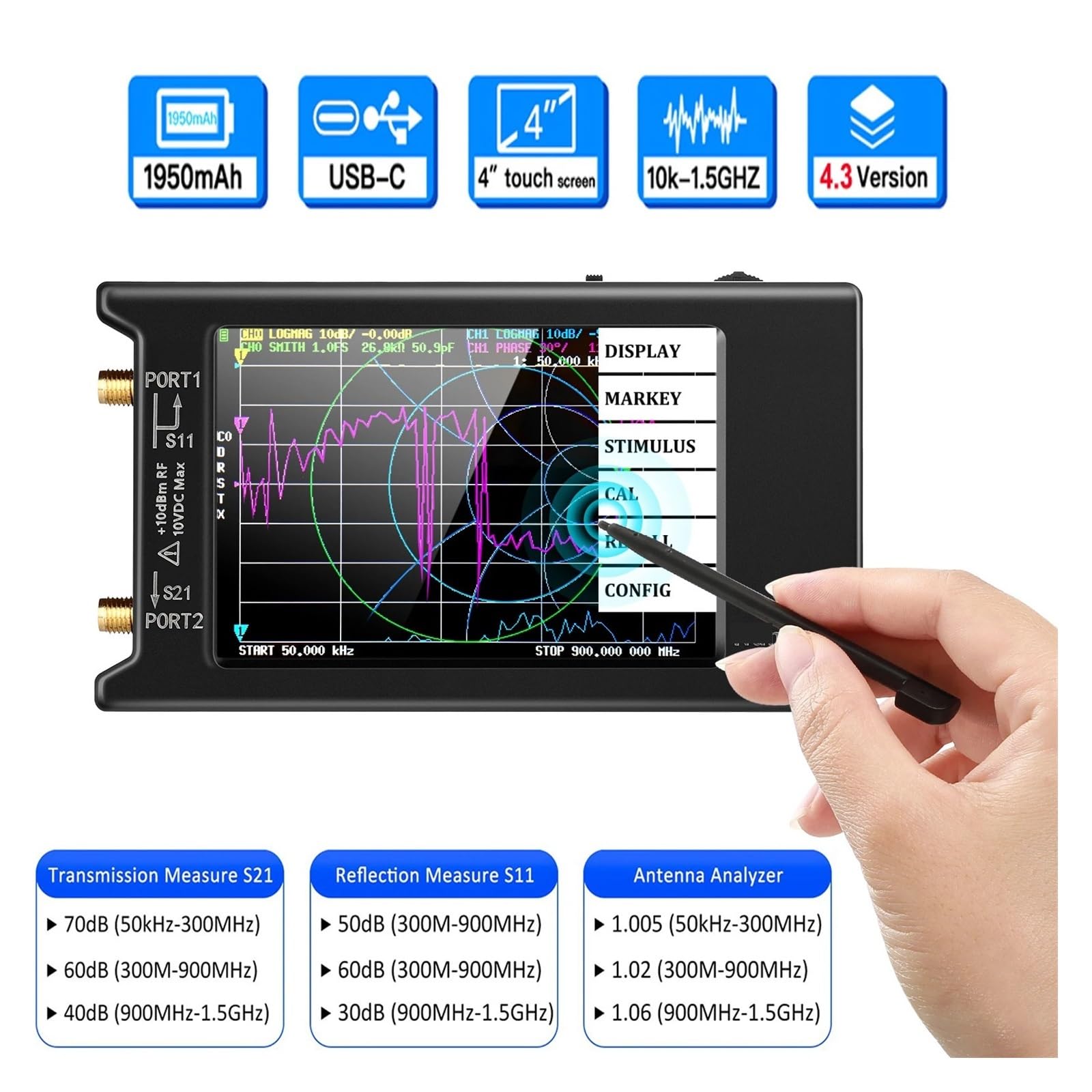 Analizator sieci bezprzewodowej 10k-1,5 GHz NanoVNA-H4 4-calowy wektorowy analizator sieci HF VHF UHF Analizator antenowy V4.3 z gniazdem karty SD Analiza siły sygnału