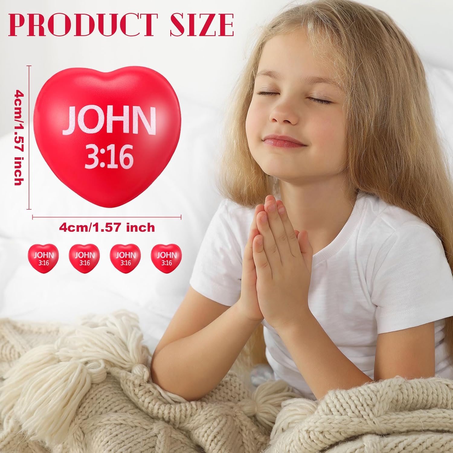 Zubebe 48 Pcs Christian Heart Stress Balls Bulk, John 3: 16 Jesus Loves You Foam Squeeze Balls, Religious Gifts for Sunday School Church Baptism First Communion Easter Vbs Party Favors (Red)