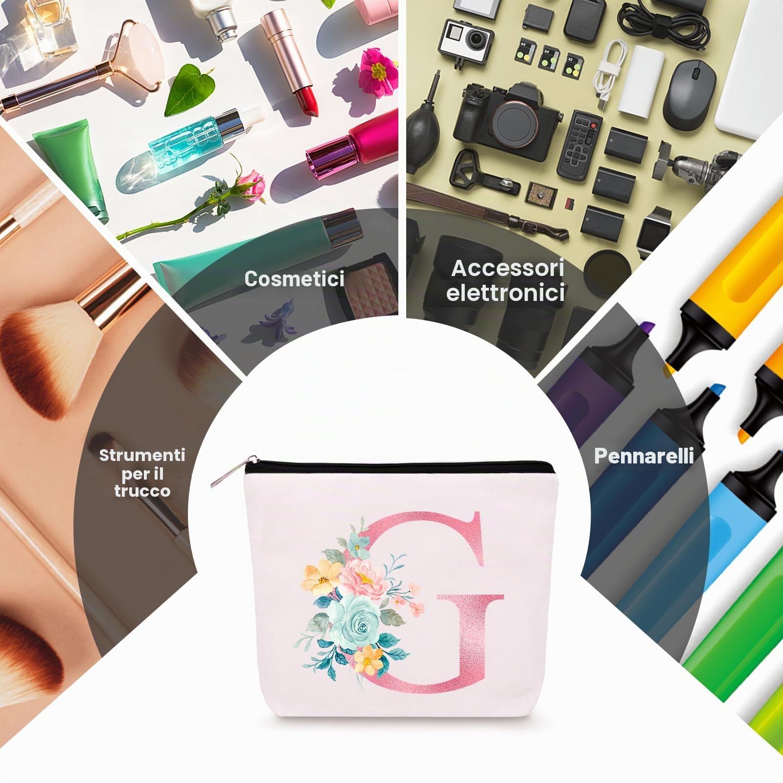 Bingtoo Borsa per il trucco personalizzata con iniziale per donna, Pochette personalizzata, Regalo donna compleanno, Regali natale, G