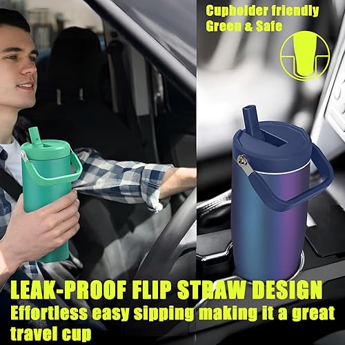 Miniatura 6 de Zukro Vaso de 40 onzas con popote abatible, botellas de agua aisladas de triple pared con asa superior para portavasos, jarra de agua de acero