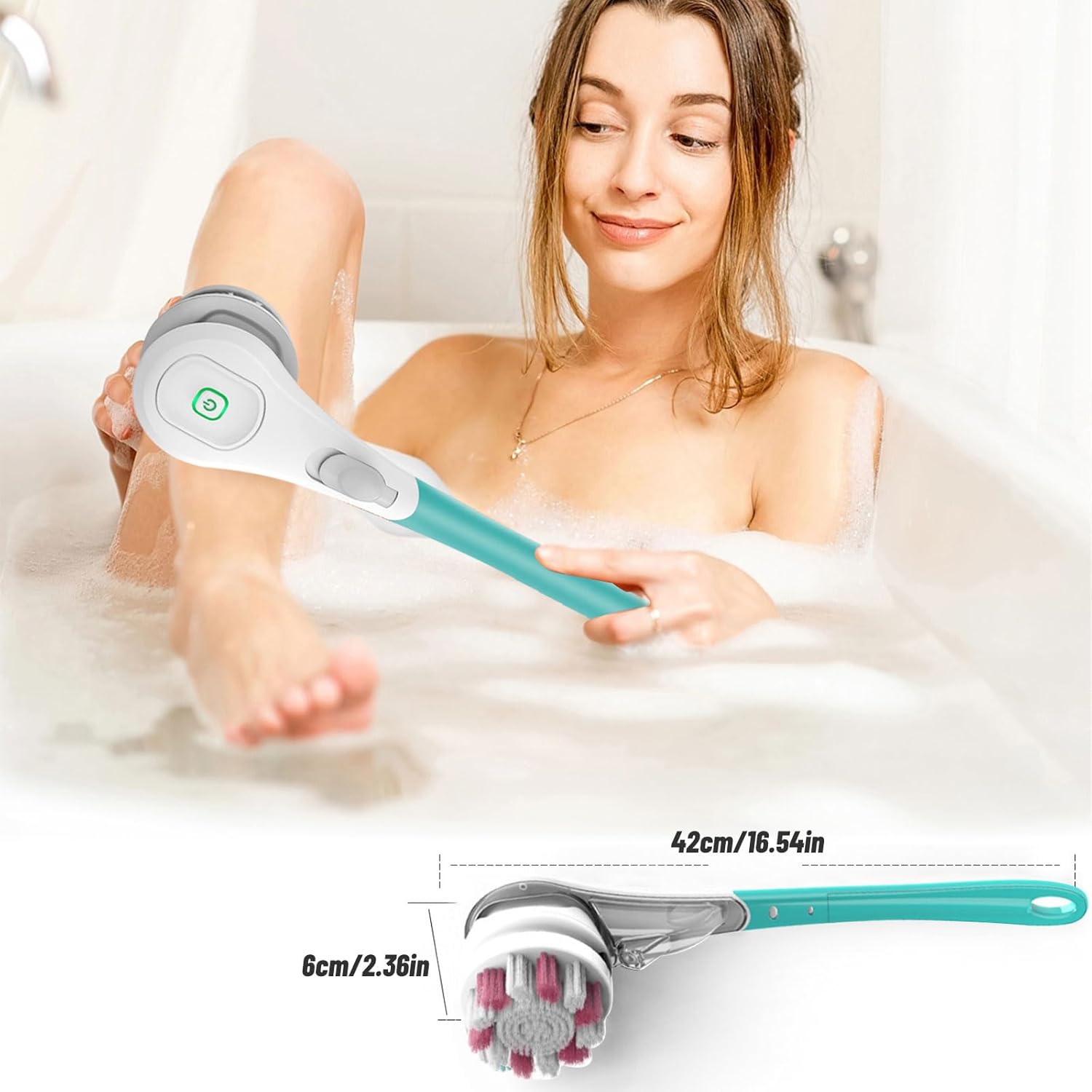 Longzhuo Electric Back Scrubber for Shower with 6 Brush Heads, Rechargeable Bath Brush, Electric Body Scrubber with Long Handle, for Cleanse, Massage, Exfoliate and Pamper Your Skin (Sapphire Blue) - Image 8