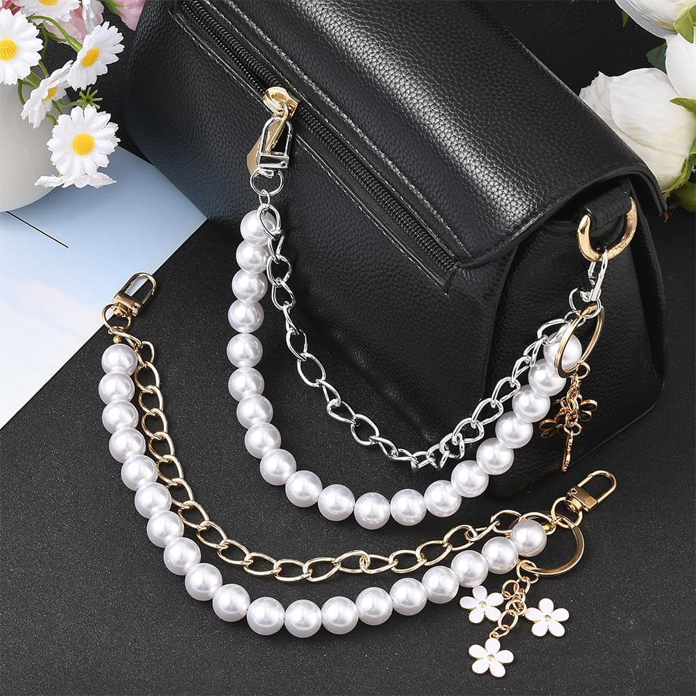 SUNNYCLUE 2Pcs 12 Inch Pearl Bag Chains Purse Extender Chain Set Flower Keychains Gold Silver Imitation Plastic Pearls Strap Replacement Extenders for Handbags Crafts DIY Supplies Wedding Party Women
