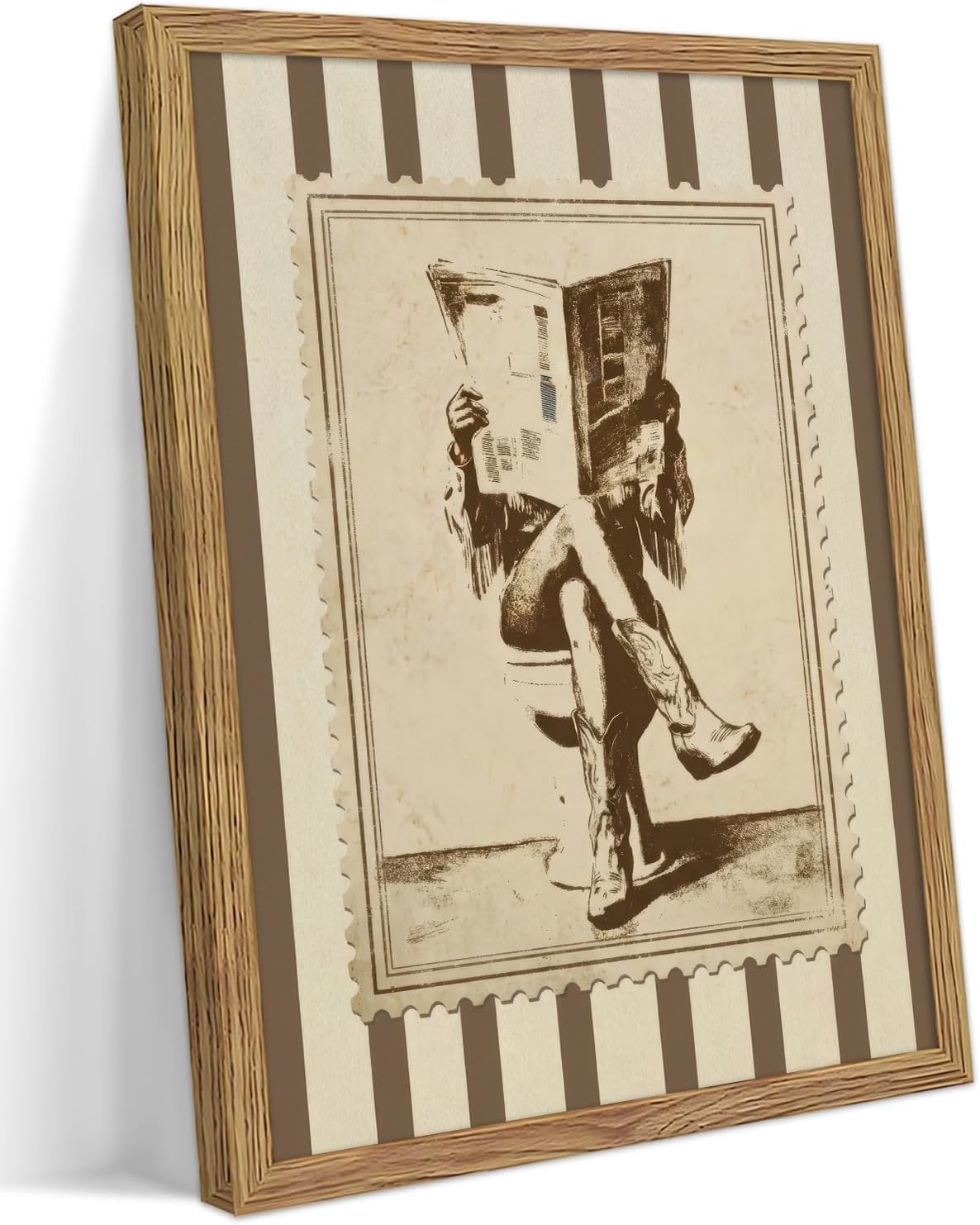 Framed Vintage Cowgirl Funny Bathroom Canvas Wall Art, Retro Stamp Style Western Rustic Wall Decor, Beige Brown Cowboy Boots Picture for Bathroom Laundry Room Bedroom Farmhouse Home Decoration