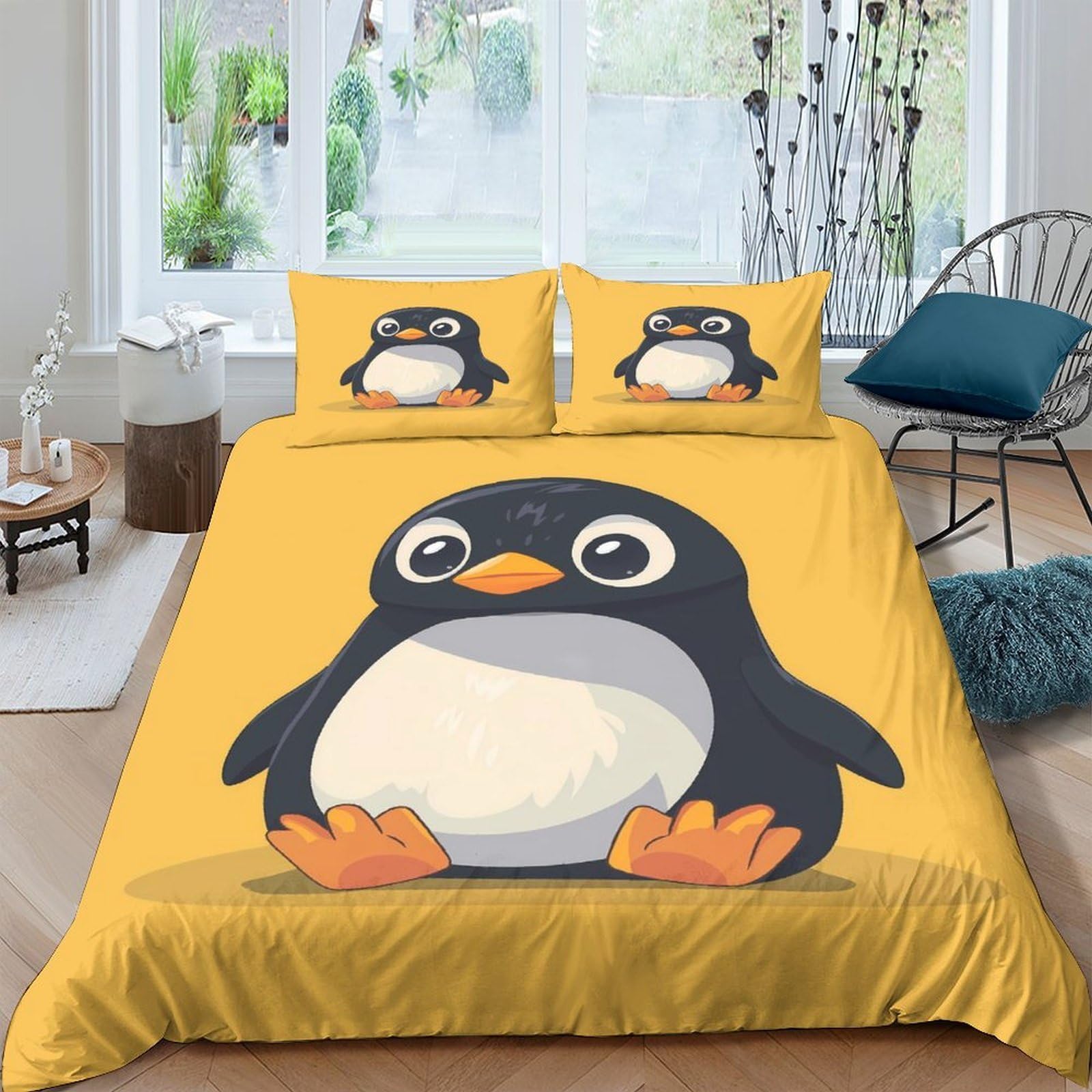 Ctjqhvkz Style-2 3D Printed Cartoon Penguin Fitted Sheet Microfiber Yellow Bed Cover For Bedroom Dorm Mattress Protection Decor Single（135X200cm）