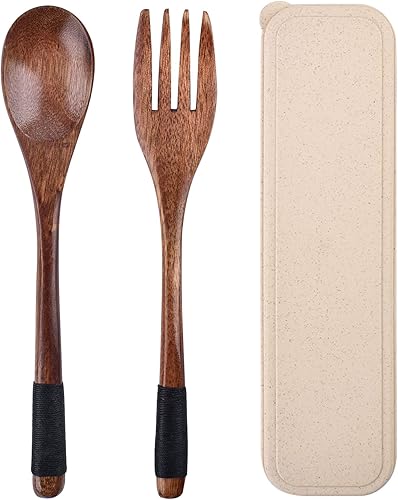 Juego de cubiertos de madera, cuchara y tenedor, cubiertos de viaje reutilizables con estuche, utensilios portátiles, procesamiento de cuerda para