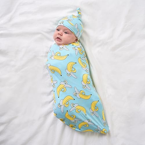 Miniatura 6 de Little Sleepies Juego de manta para envolver y sombrero, pañales para bebés recién nacidos, viscosa suave de bambú (plátanos)