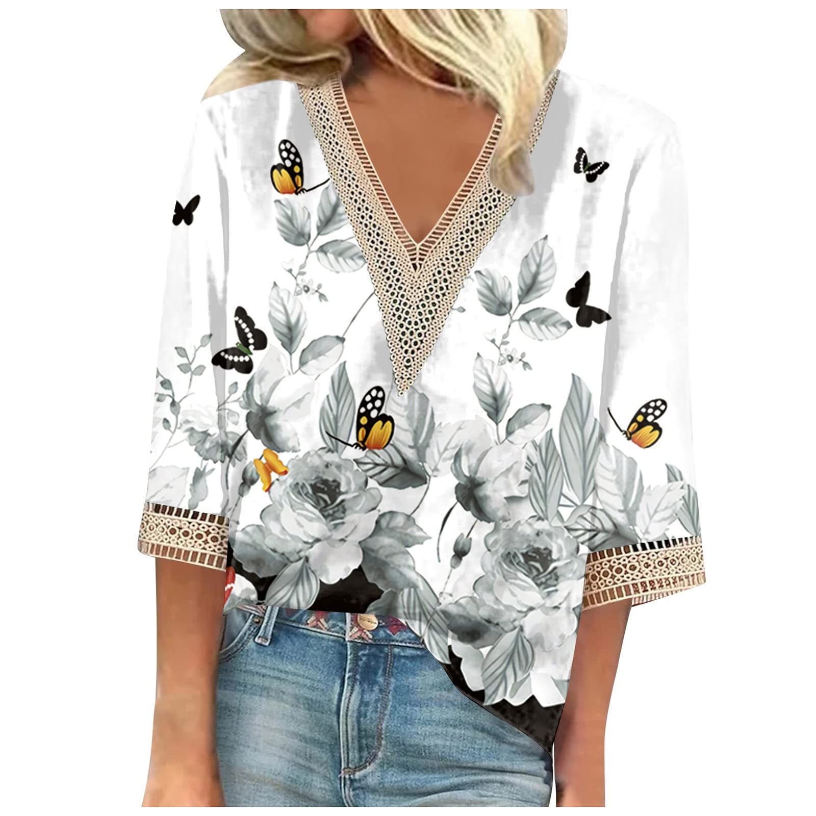 Women Summer 3/4 Sleeve Tops Casual Loose Fit Tunic Tops V Neck Lace Crochet Shirt Floral Printed Flowy Blouse
