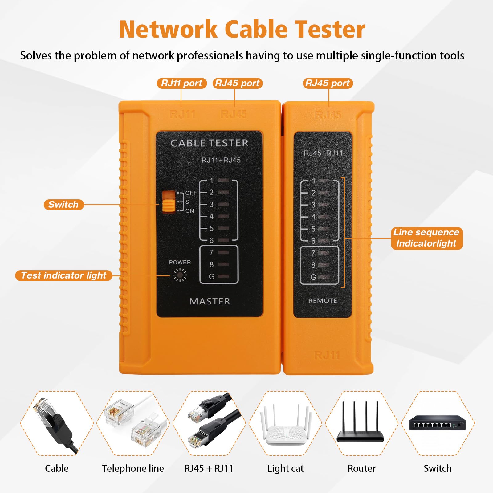 Set di attrezzi di rete, pinza crimpatrice RJ45 con tester di rete, stripper, strumento punch down, cacciavite e tasca con cerniera per cavi CAT5, CAT5e, CAT6, CAT6A e CAT7