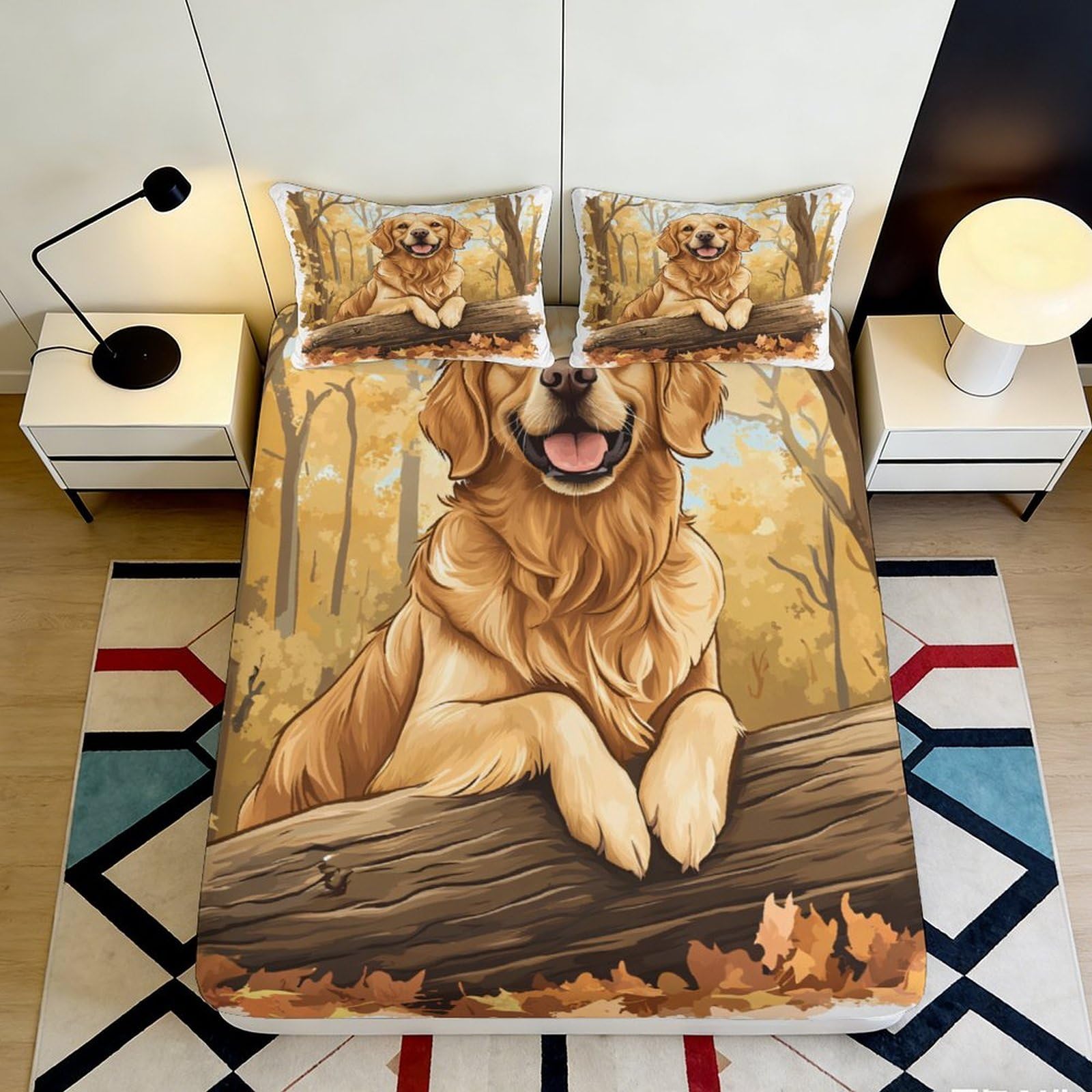 3D Printed Golden Retriever Forest Fitted Sheet Microfiber Soft Autumn Leaves Bed Cover for Bedroom Dorm Decor 90x200x25cm