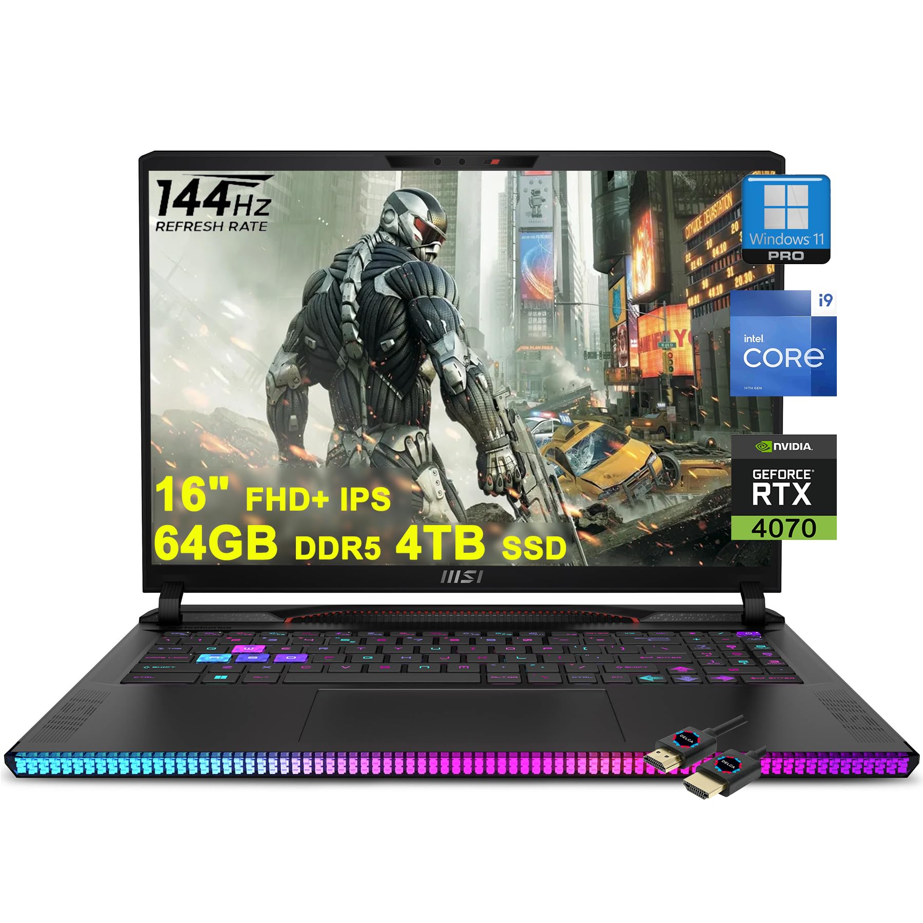 MSIRaider GE68HX Gaming Laptop | 16" FHD+ IPS 144Hz | Intel 24-core i9-14900HX | 64GB DDR5 4TB SSD | GeForce RTX 4070 | RGB Backlit Thunderbolt4 Dynaudio FHD IR Privacy Camera Win11Pro + HDMI Cable