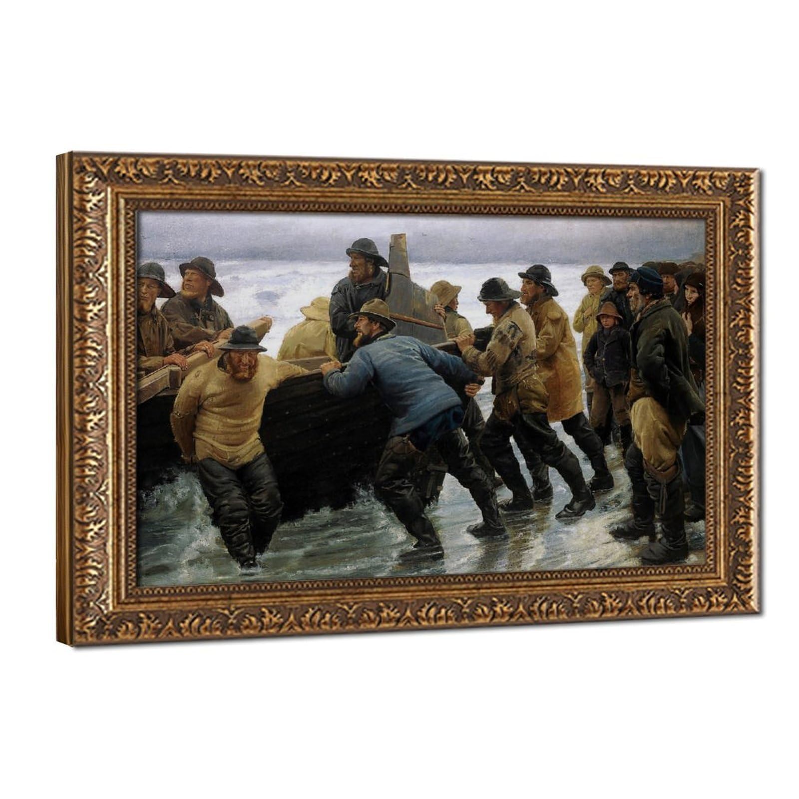 WCYB Fishermen Launching A Rowing Boat by Michael Ancher Art Posters Prints Canvas Deco Paintings Wall Art Hangable Frame 12" L X 18" W