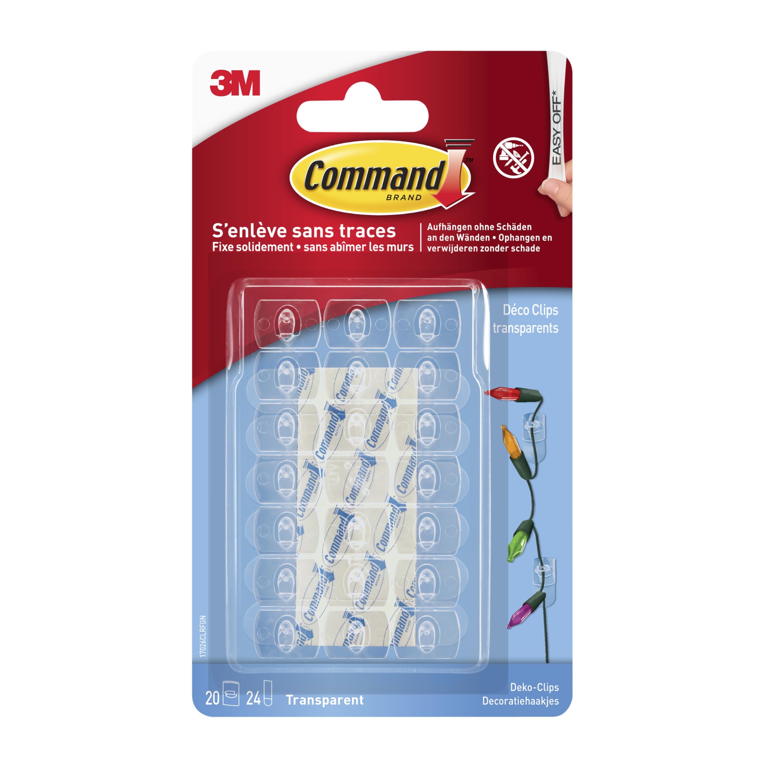 Command Befestigungsclips für Dekoration und Lichterketten mit Transparenten Klebestreifen, 20 Clips und 24 Strips