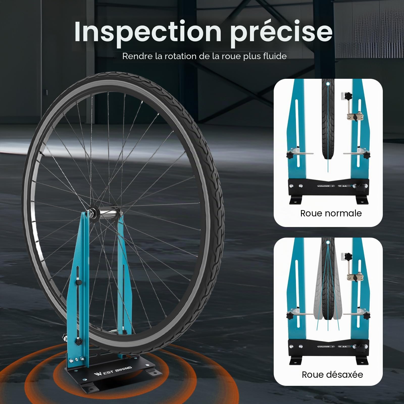 Support de calibrage professionnel pour vélo, support de centrage de vélo, double réglage à 360°, largeur réglable de 9 à 15 cm, support de correction de jantes, 27 × 19 × 50 cm
