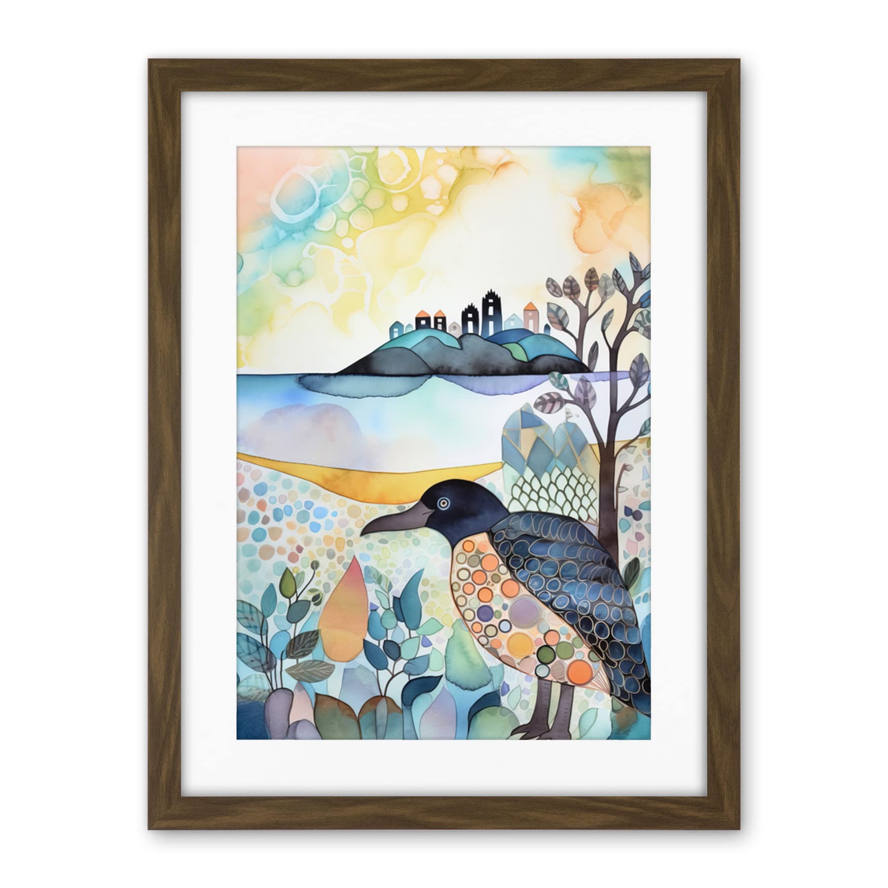 Artery8 Coastal Island Wildlife Folk Art Watercolour Painting Artwork Framed Wall Art Print 18X24 Inch