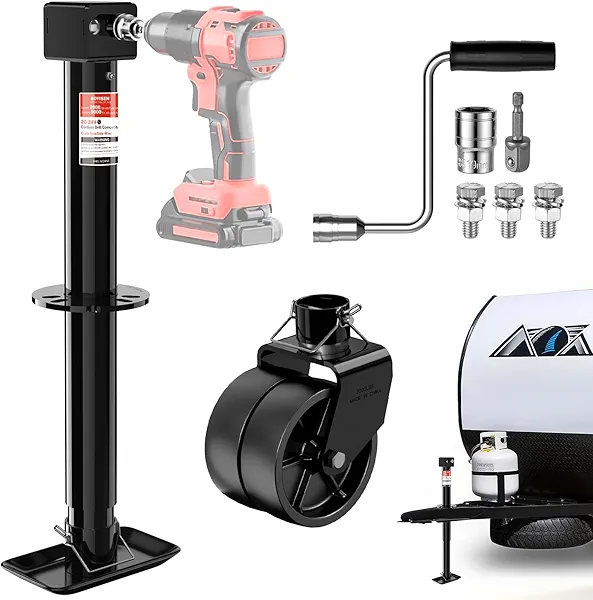 BOYISEN 5000lbs A-Frame Trailer Jack, Height Adjustable by Power Drill Or Handle, Heavy Duty Camper Tongue Jack with 6" Dual Wheel Supports Up to 2000 lbs for Utility Boat Yacht Trailer
