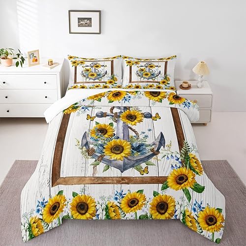 Miniatura 5 de Juego de edredón náutico con ancla tamaño individual, juego de ropa de cama vintage con tablas de madera 2 piezas para niños, niñas, adultos,