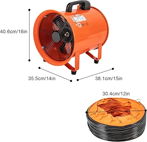 Miniatura 8 de Ventilador de escape utilitario, 12 pulgadas, 520 W 2295 CFM, ventilador portátil de alta velocidad, bajo ruido con manguera de conducto de 16 pies,