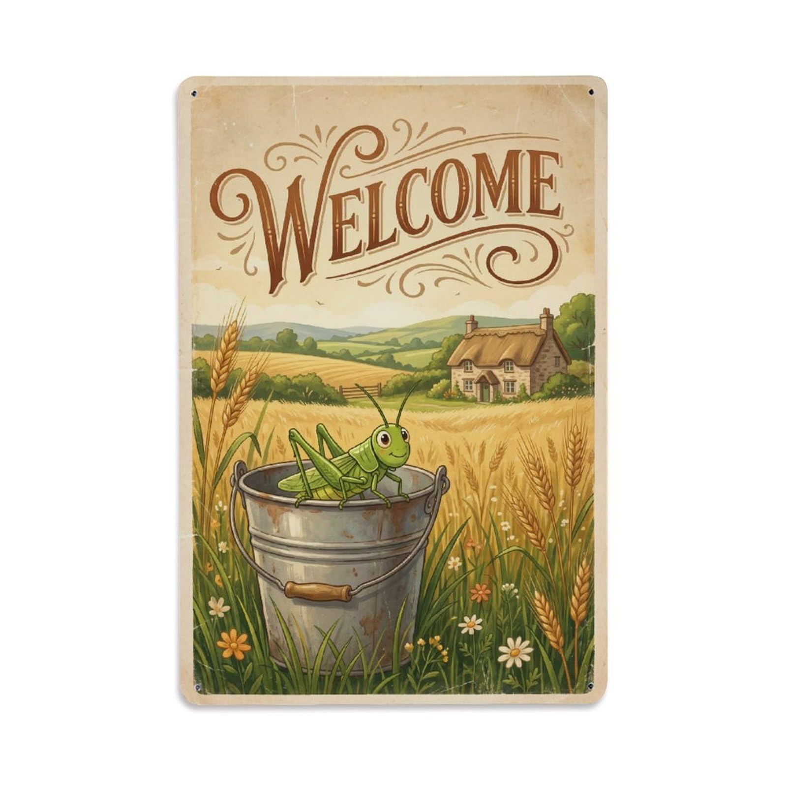 Cxhjca 8X12inch(20X30cm) Vintage Welcome Grasshopper Sweet Summer Metal Tin Sign