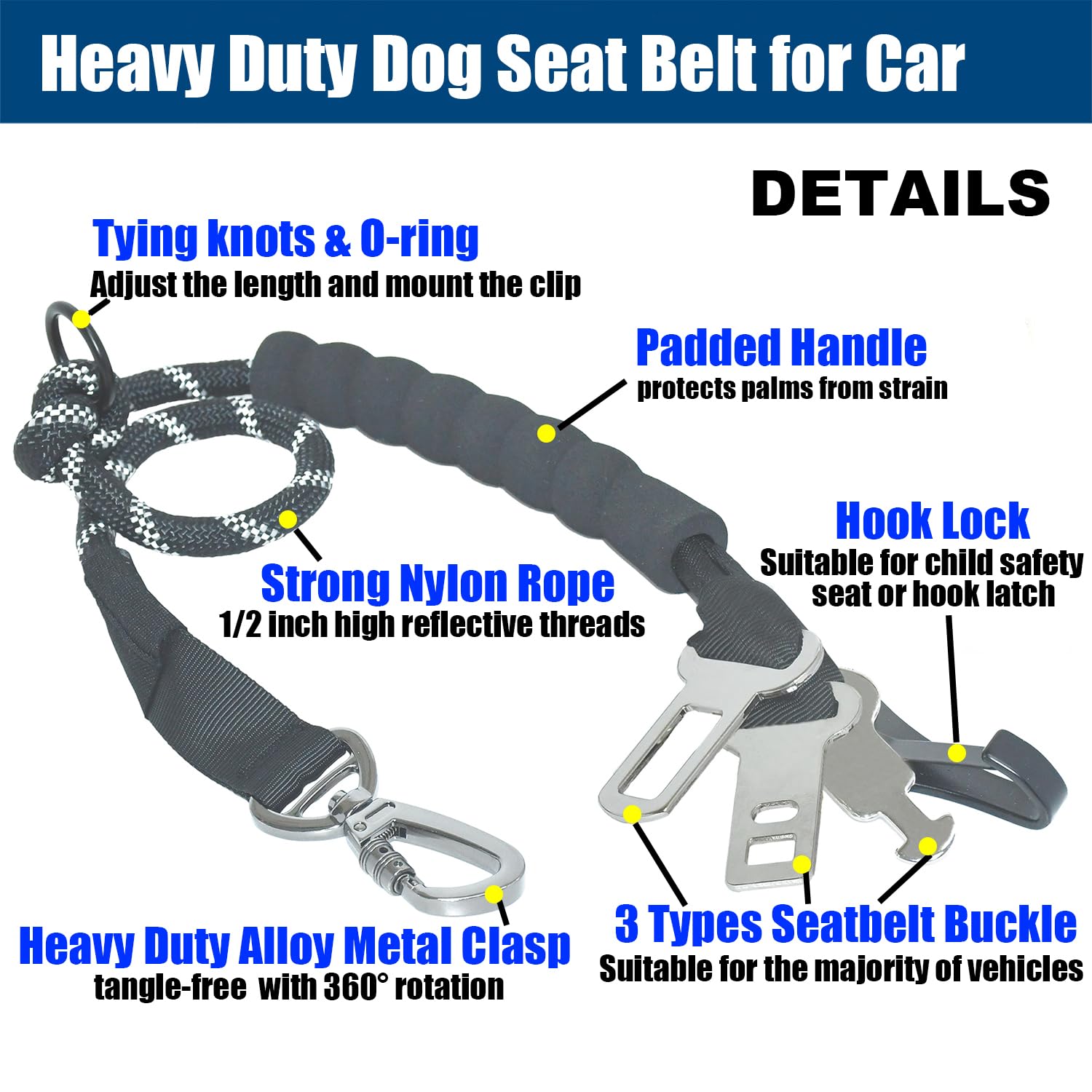 Heavy Duty Dog Seat Belt for Car, 3-in-1 No-Pull Safety Leash with Reflective Climbing Rope & Padded Handle, Adjustable Restraint for Vehicle Travel & Walking Large Medium Dogs, Black - image 3