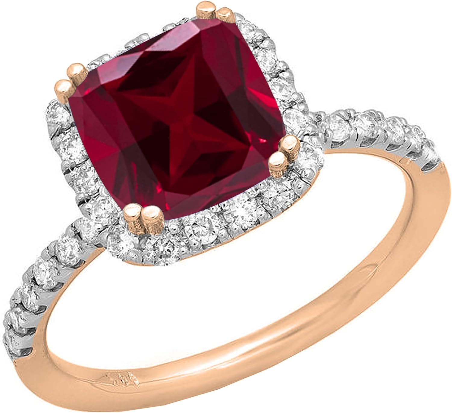 Dazzlingrock Collection 7.5mm Cushion Lab Created Gemstone & Round White Natural Diamond Halo Engagement Ring for Women in 14K Rose Real Solid Gold