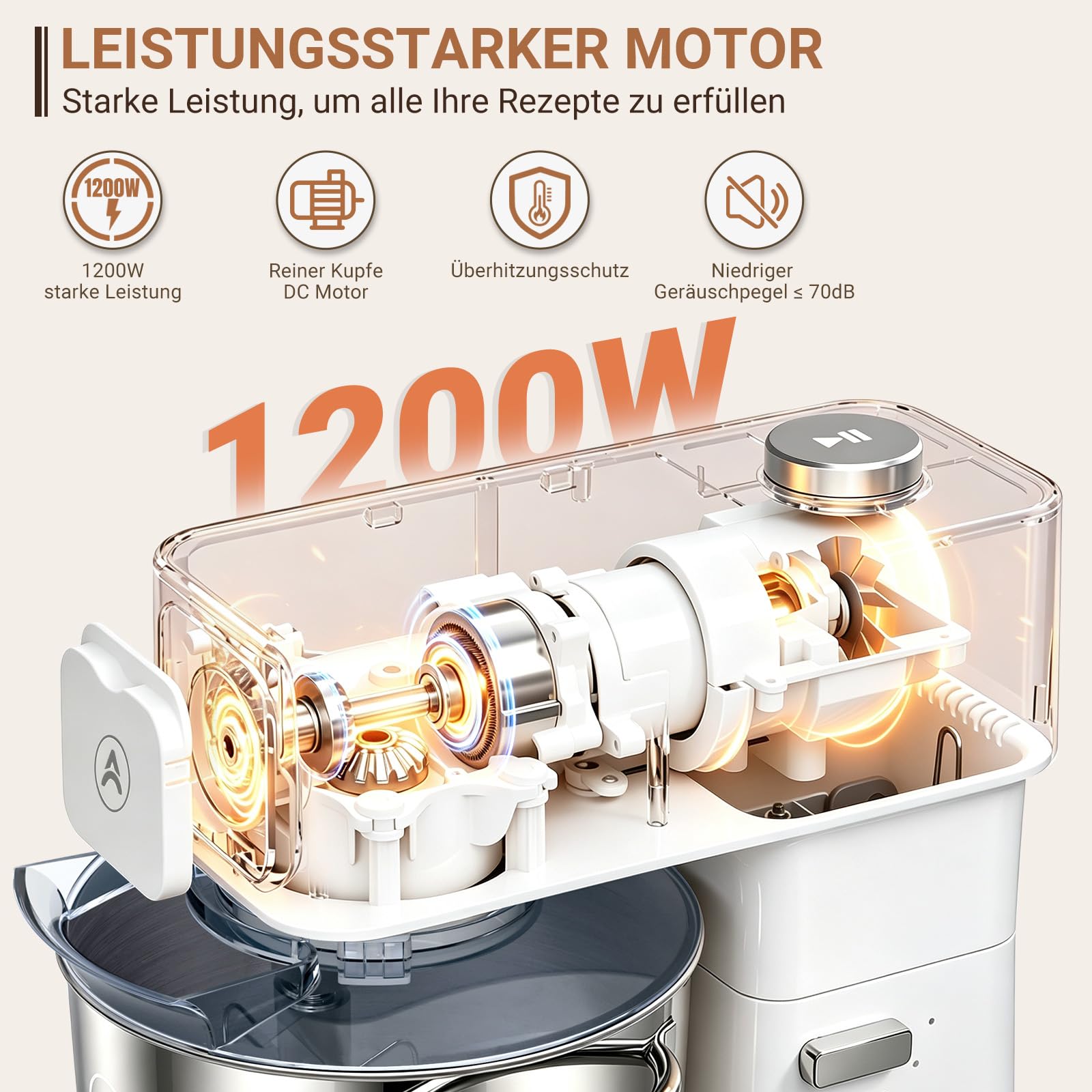 ZACME Robot kuchenny 1200 W | miska ze stali nierdzewnej 5,2 l | cichy silnik DC | 11-stopniowa przekładnia | w zestawie 3 narzędzia do mieszania (hak do zagniatania, trzepaczka, trzepaczka) | obudowa