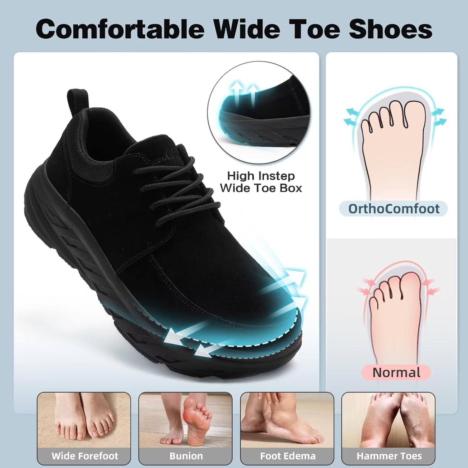OrthoComfoot Men's Orthopedic Comfortable Diabetic Wide Shoes: Arch Support Plantar Fasciitis Neuropathy Leather Walking Shoes, Wide Toe Box Outdoor Standing Work Casual for Foot & Heel Pain Relief