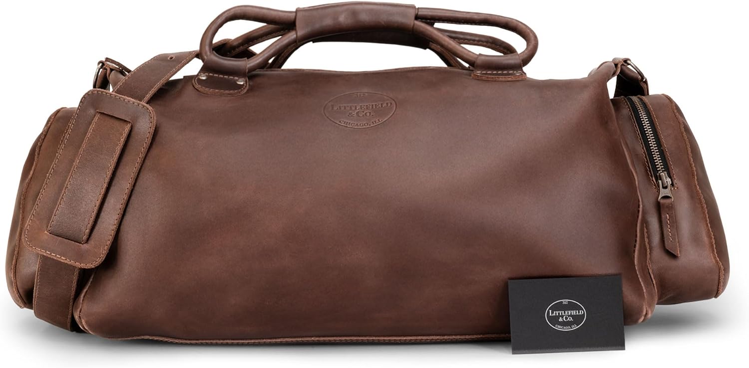 Littlefield & Co., Classic Shoulder Bag for Travel, Weekender Bag, Duffle Bag, Carry-On Case, Full Grain Leather, Handmade, Bourbon Brown