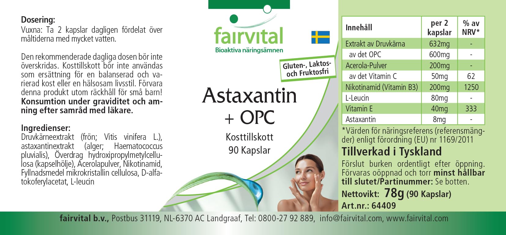 fairvital Astaxanthine + OPC, 90 gélules, avec vitamine c d'acerola, nicotinamide (vitamine B3) et vitamine E, qualité certifiée et hautement dosé, 100% végétalien, fabriqué en Allemagne