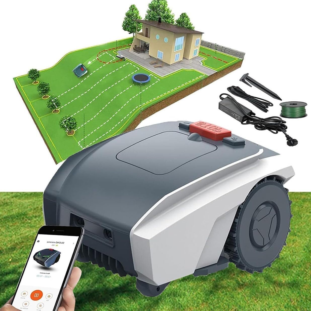 Robot Lawn Mower for Gardens up to 1500m2 Automatic Intelligence for Manicured Path Planning Wifi Smartphone APP Control Protection Device(Grey)