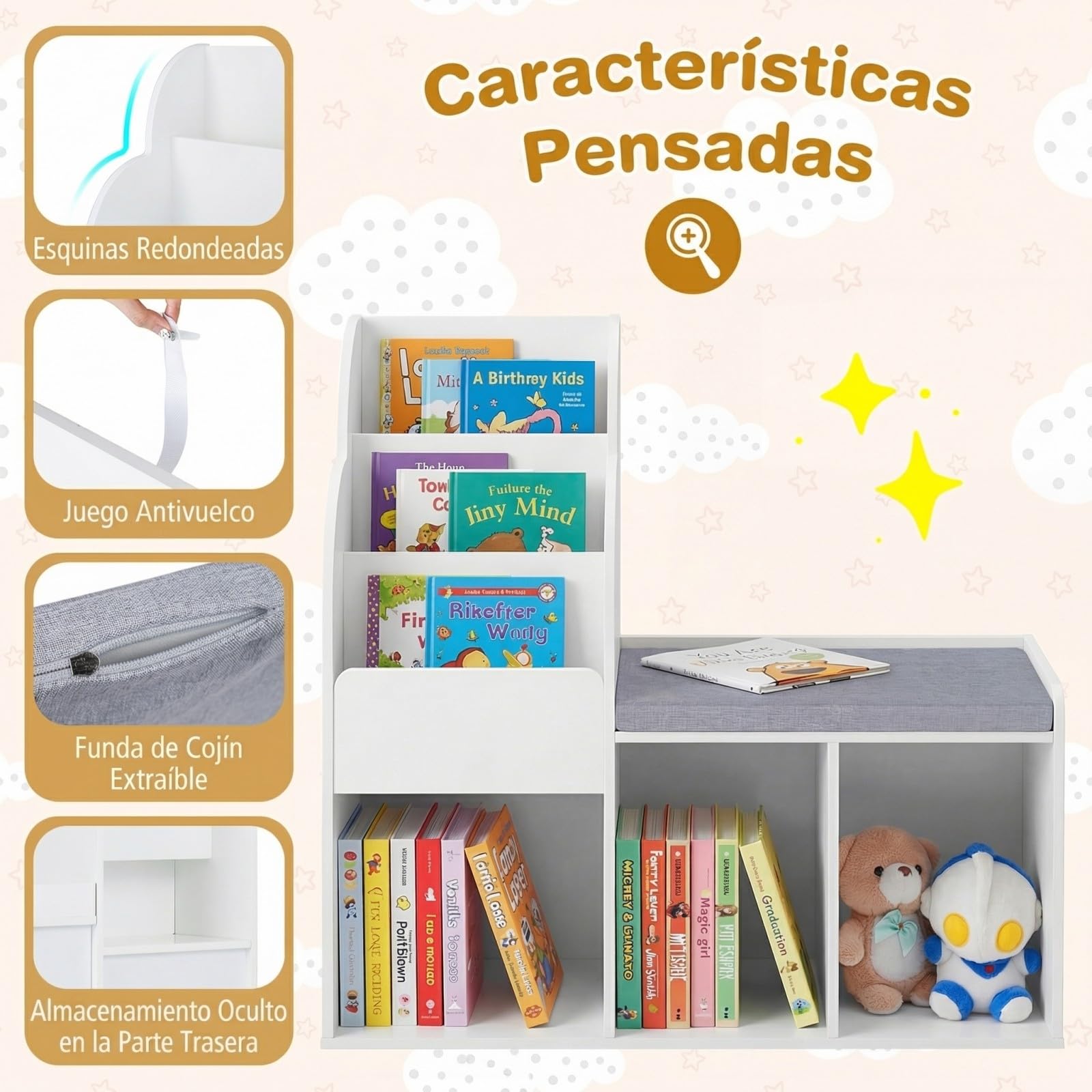 COSTWAY Estantería Infantil con Banco, Librería Infantil con Estantes de 3 Niveles, 3 Compartimentos Abiertos y Cojín de Asiento, Estantería para Niños para Dormitorio, Sala de Juegos