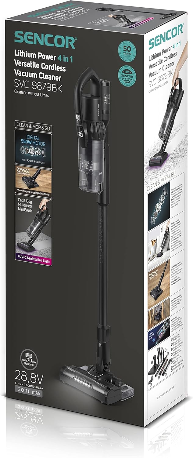 Person using Sencor SVC 9879BK handheld vacuum with Cat&Dog brush on a sofa