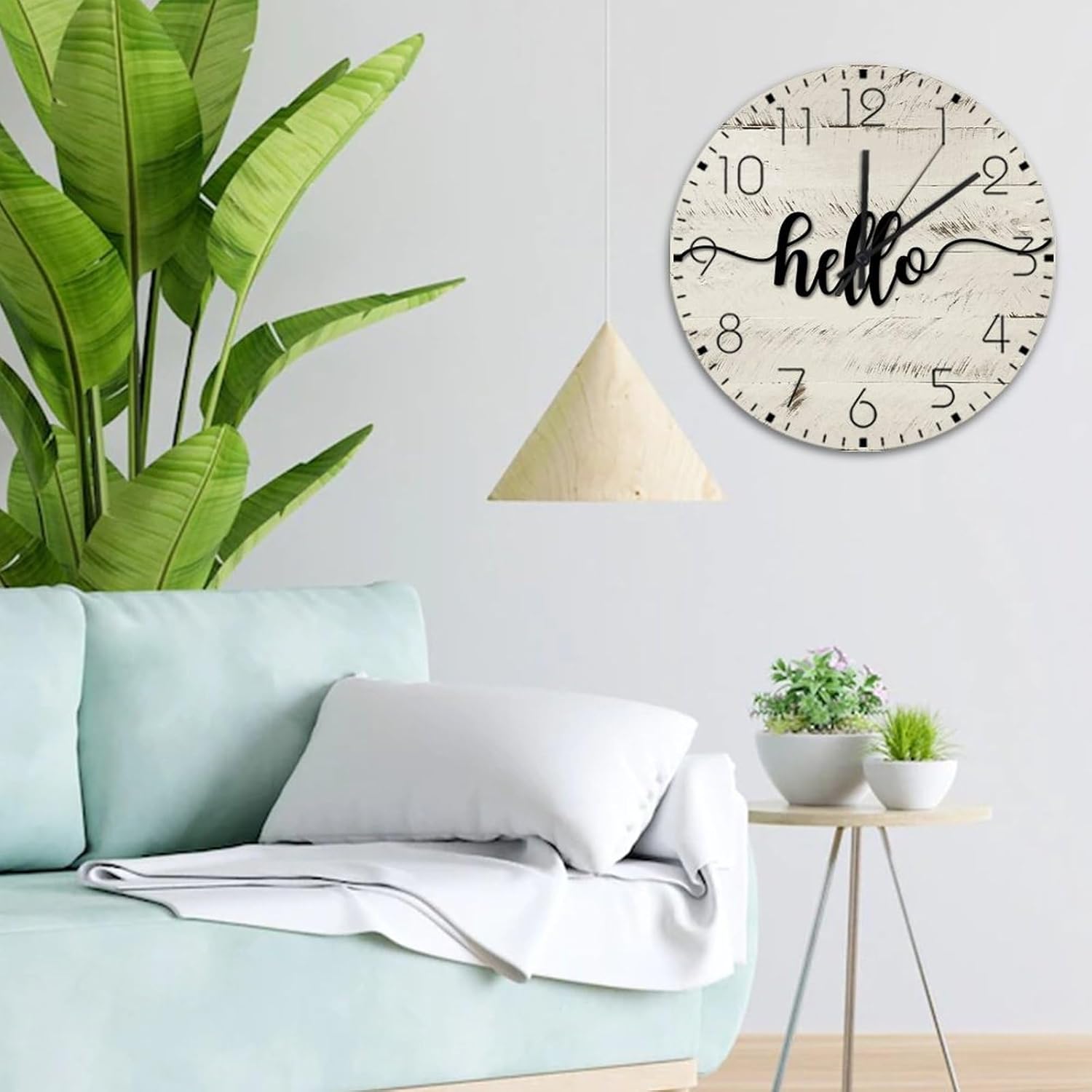 Minimalist Wood Clock Non-Ticking Quartz Battery Operated Hello Beautiful Wall Clocks Letter Monogram Script Font Home Decoration for Girls Room Hotel Cabin 15 Inch