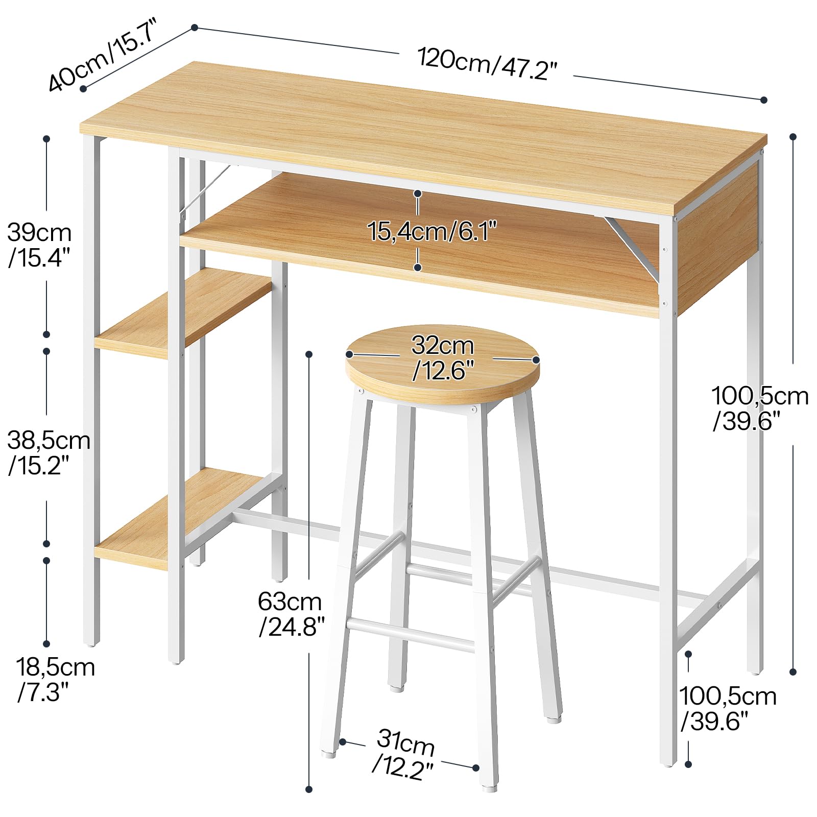 HOOBRO Juego de Mesa y Taburetes de Bar, Mesa Alta para Bar con Estantería de 3 Niveles y 2 Taburetes Redondos, para Cocina, Sala de Estar, Comedor, Blanco y Natural EWN07BT01