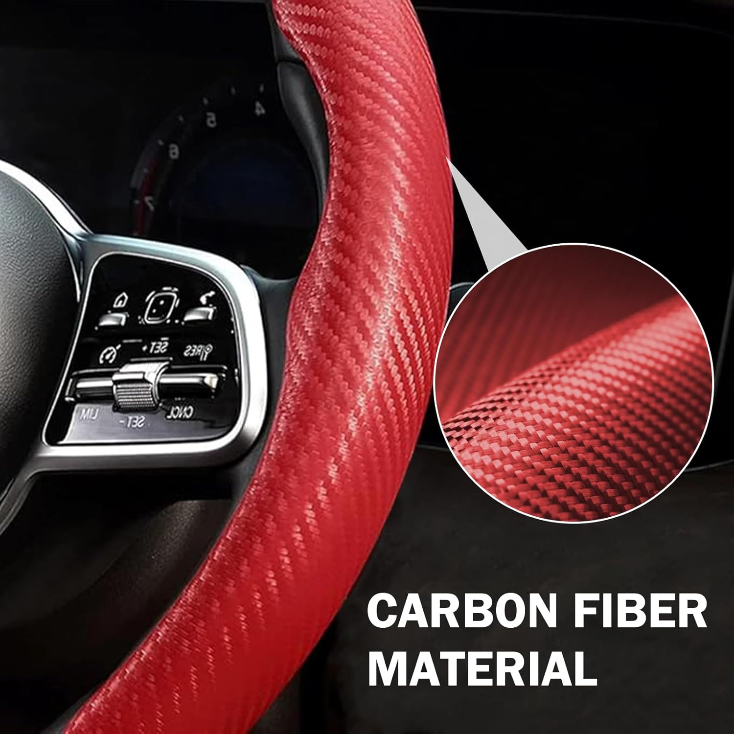 Carbon Fiber Steering Wheel Cover Anti-Slip Wrap Snap on Car Steering Wheel Accessories Grip 15 inch Universal 3pc Matte Red