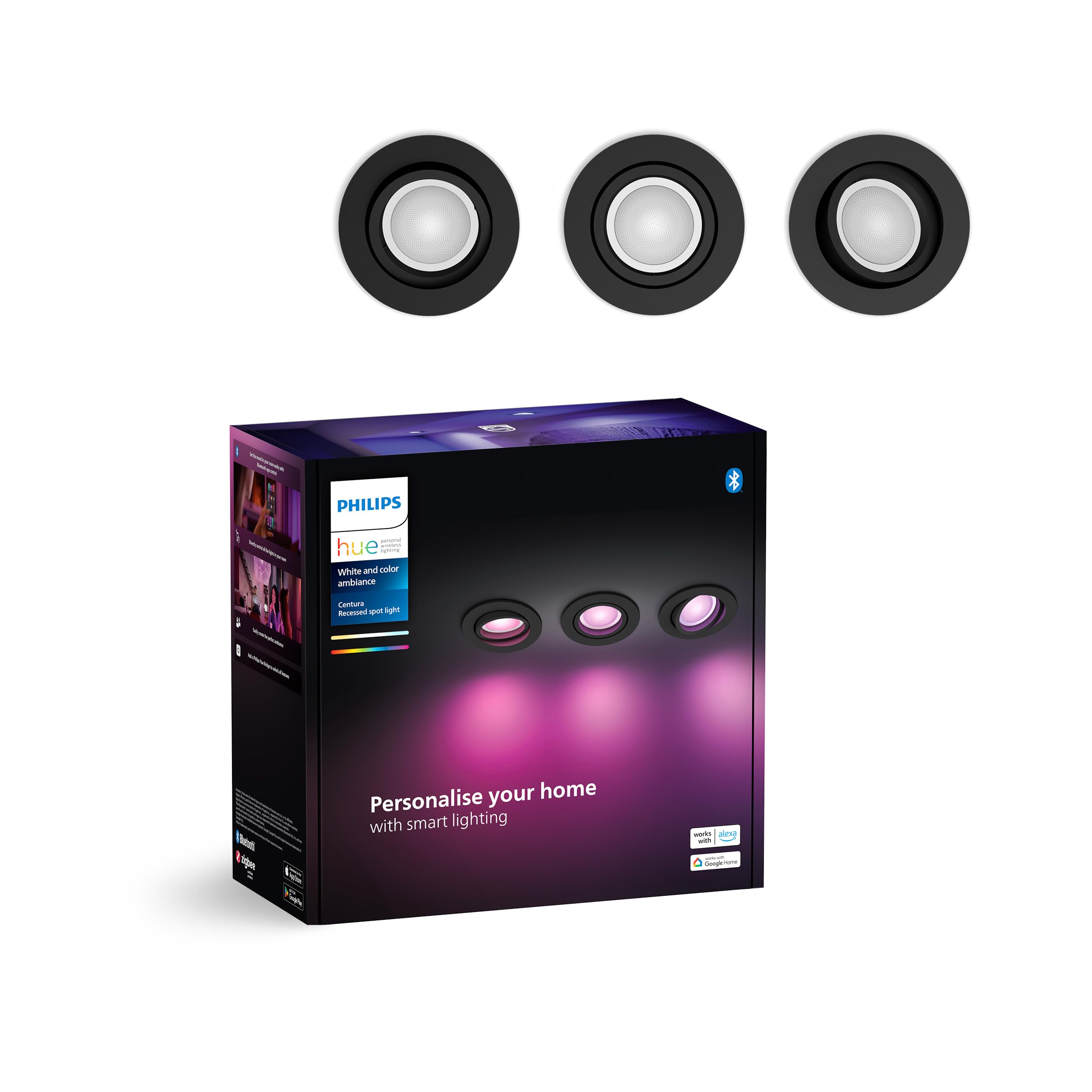 Philips Hue White & Color Ambiance Centura runde Einbauspots 3er Pack (1.050 lm), dimmbare Deckenlampen mit 16 Mio. Farben, smarte Lichtsteuerung, schwarz