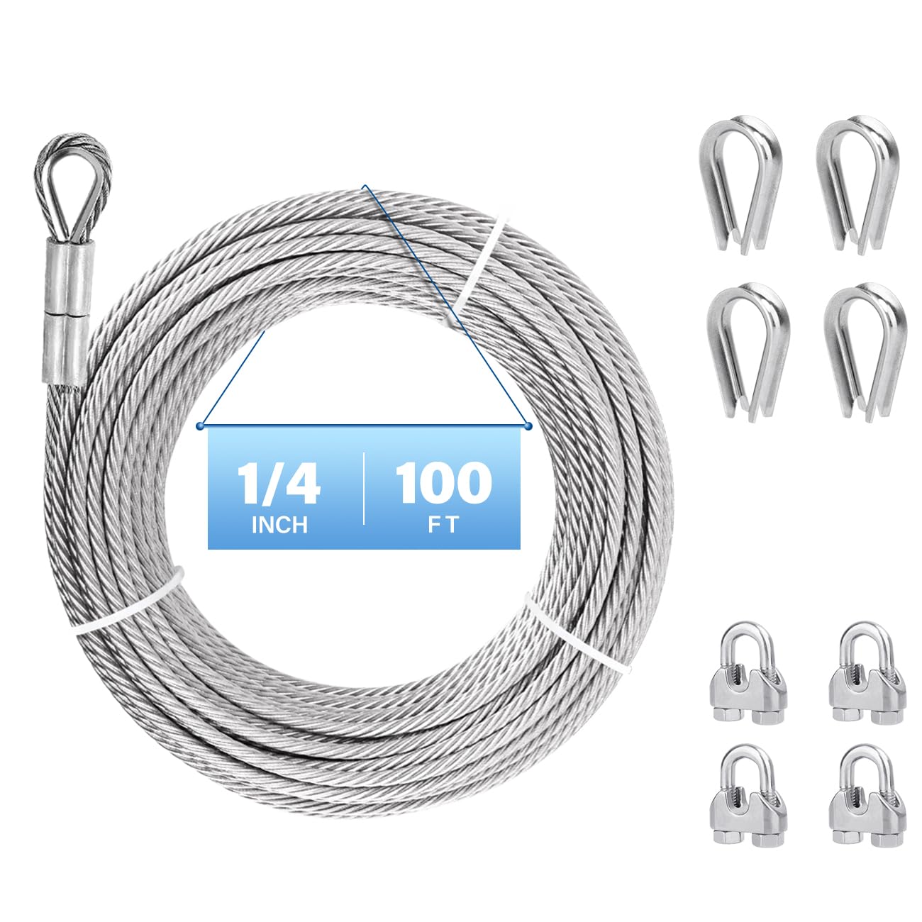 1/4 Stainless Steel Cable, 100ft 304 Stainless Steel Aircraft Cable with Tensile Strength of 6400lbs, 7x19 Strands Wire Rope with Stainless Cable