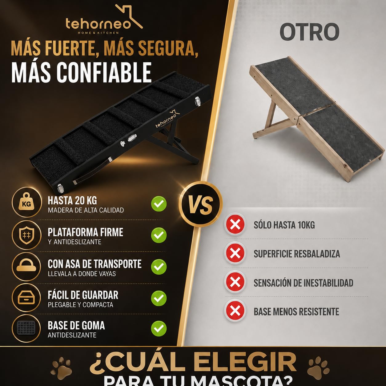 TEHORNEO Rampa para Perros, Rampa para Perros Cama 4 Alturas Ajustables 25 cm a 41 cm, Rampas para Perros hasta 20 KG con Almohadilla Antideslizante, Dog Ramp, Ramoa para Perros, Dog Ramp for Bed
