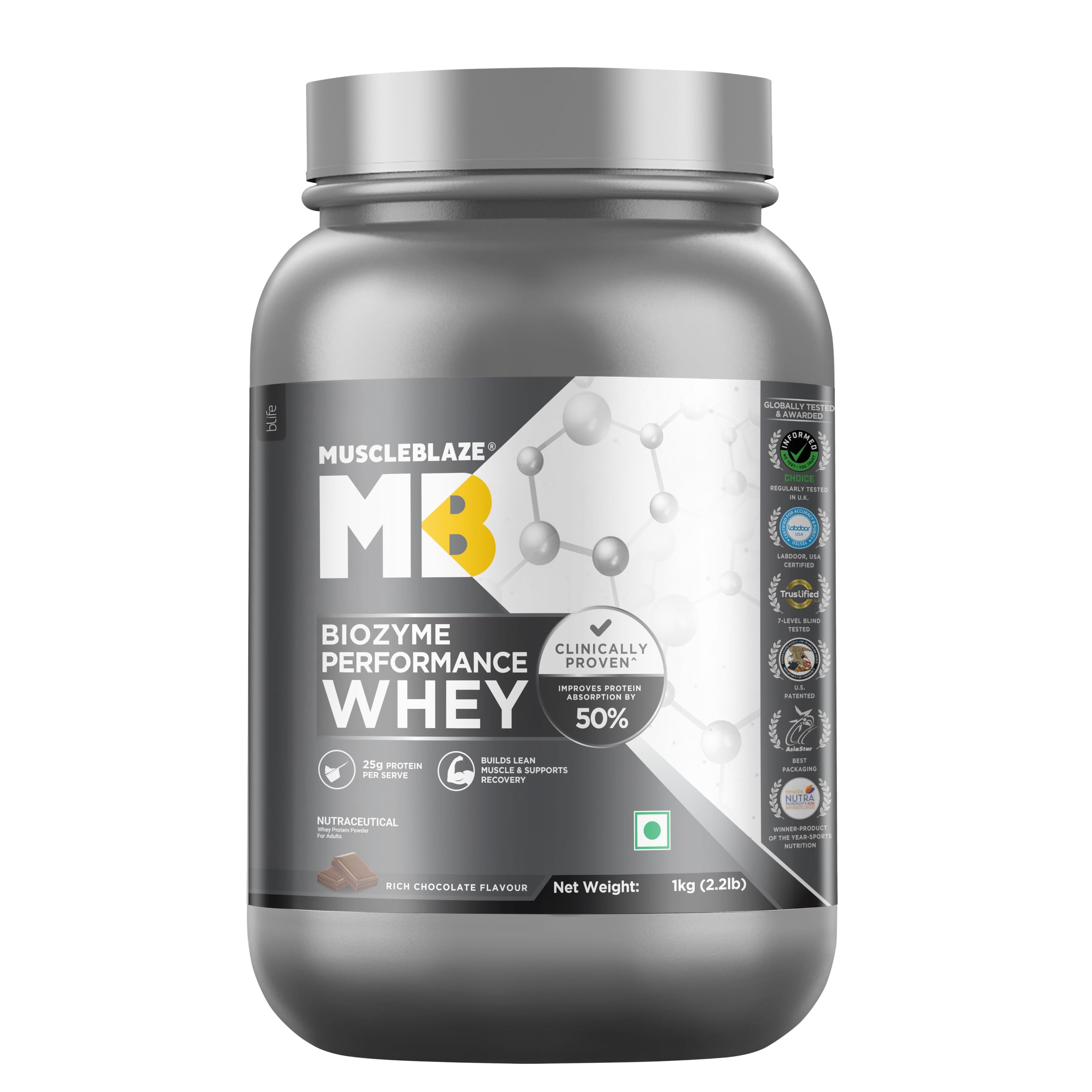 MuscleBlaze Biozyme Performance Whey Protein Powder, Rich Chocolate (1kg / 2.2lbs) | 25g Protein Per Scoop | Clinically Tested 50% Higher Protein Absorption-picture-10