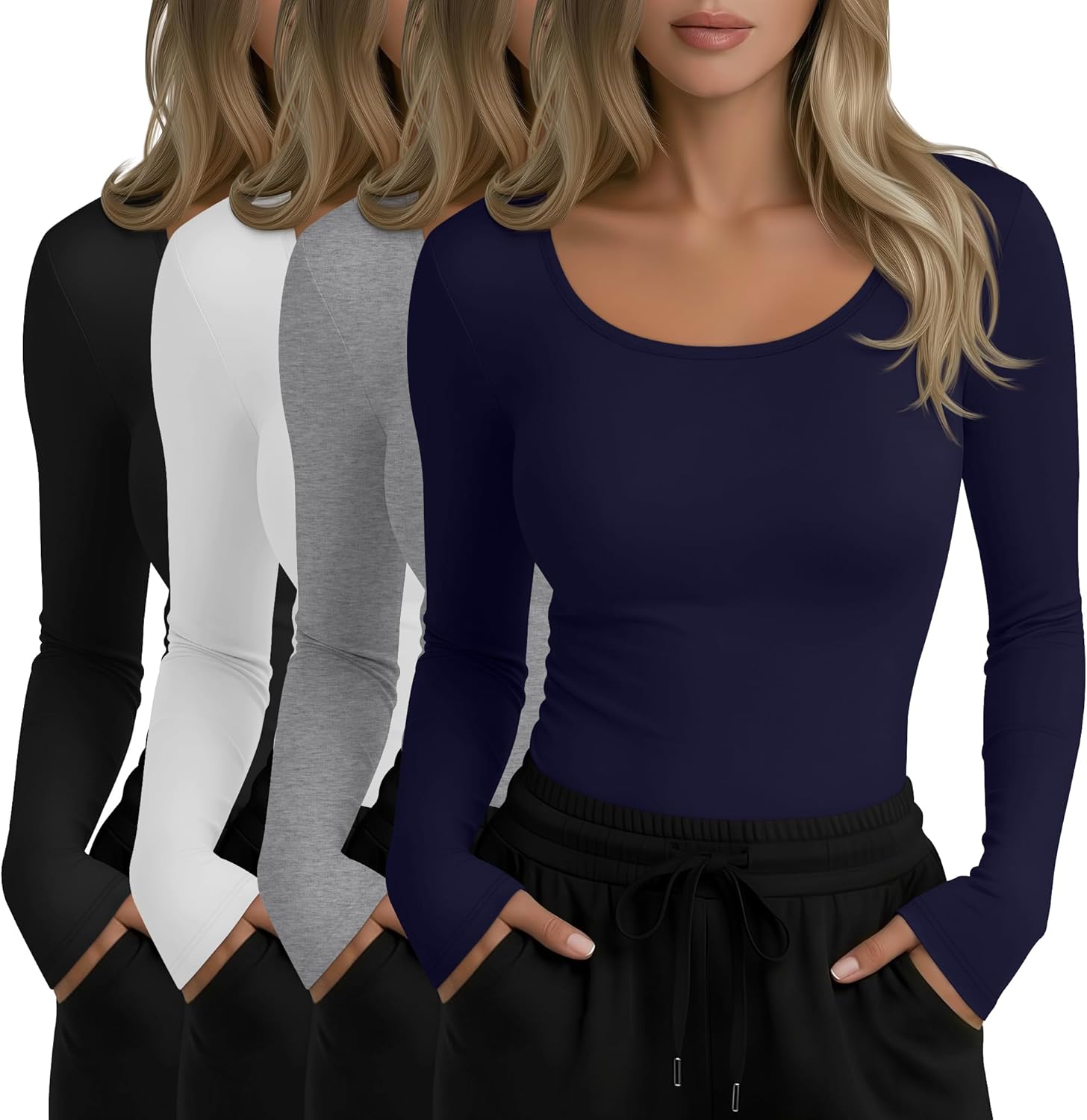 4 Pack Plus Size Underscrub Long Sleeve for Women, Cotton Blend Scoop Neck Undershirts, Nurse Fitted Basic Tops