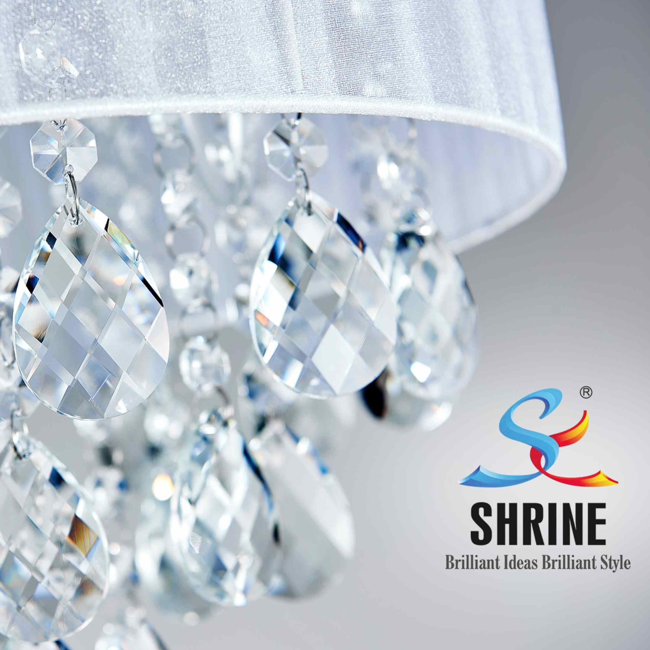 Shrine Lighting Lampadario in Cristallo, Design Moderno, Lampada da Soffitto per Ambienti, D33 x H28cm, Portalampada E14*3, Paralume in Tessuto Bianco e Struttura con Finitura Cromo