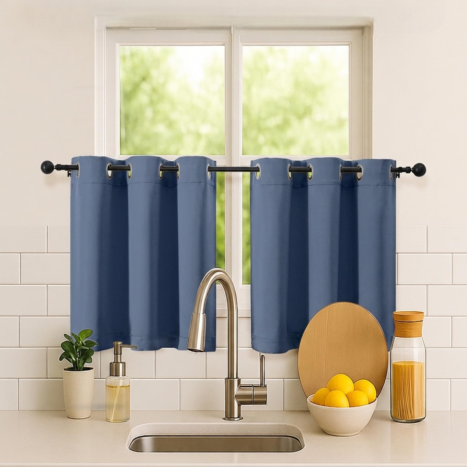 Simplebrand Denim Short Kitchen Curtains 24 Inch Length 2 Panels Set, Small Windows Room Darkening Curtain for Bathroom, Cabinet, Basement, RV Camper, Thermal Insulated Short Drapes, 40 x 24 Inch
