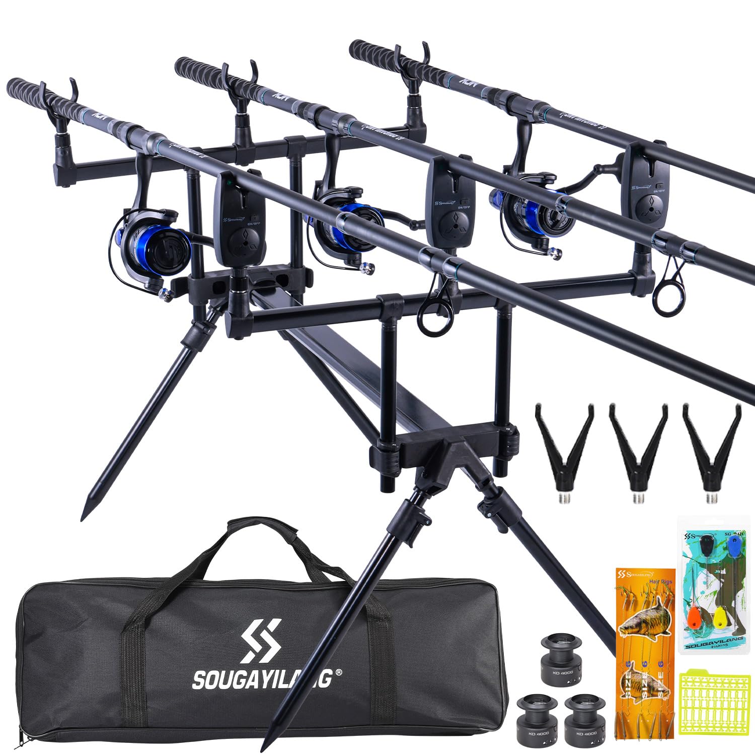 Sougayilang Ensemble de pêche à la carpe, 3 cannes de 3,3 m + moulinets série 4000, détecteurs de morsure, support de canne réglable, kit complet pour lacs et rivières à la carpe
