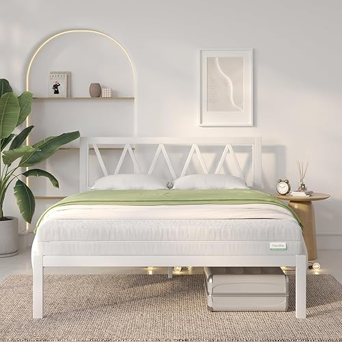 Miniatura 9 de Novilla Base de cama Queen con cabecero, marco de cama de plataforma de metal, resistente, no necesita somier, soporte de listones de madera, fácil