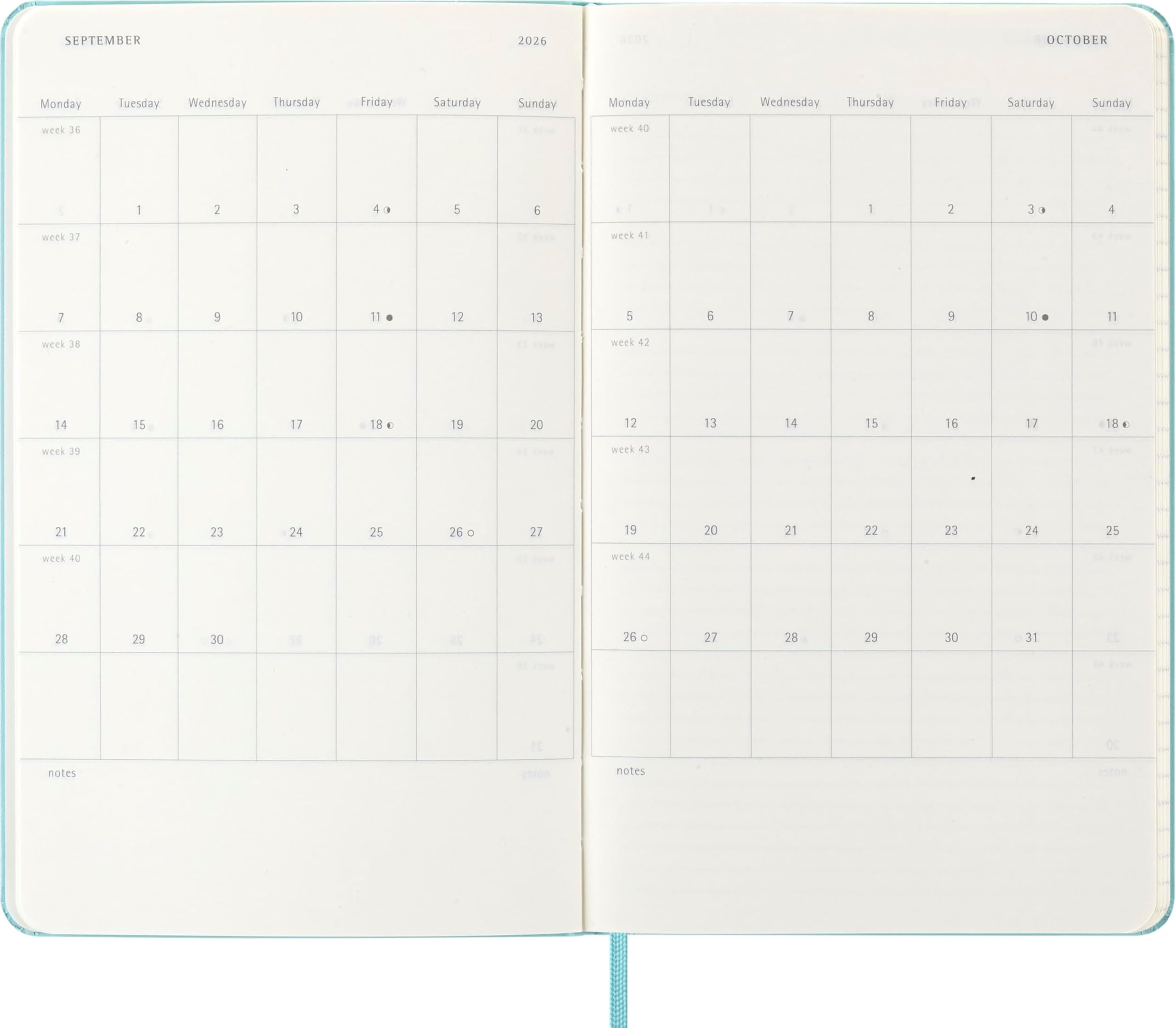 Moleskine Wochen-Notizkalender 2025-2026, 18-Monats-Wochenplaner mit Notizplatz, Harte Einband und Gummiband, Großformat 13 x 21 cm, Aquamarin