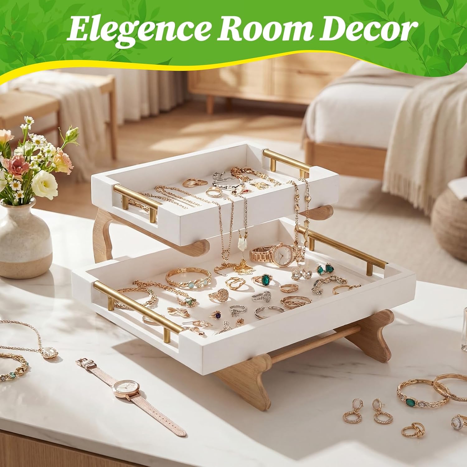 Leinuosen 2 Pack Serving Tray for Coffee Table Wooden Ottoman Tray with Gold Handles 12"x16" & 8"x12" Large Decorative Trays with Bamboo Stand for Storage Display and Party(White)