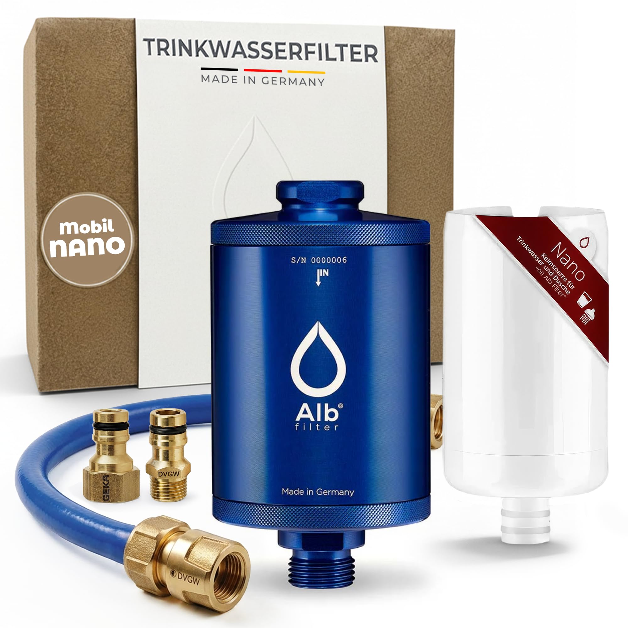 Alb Filter MOBIL Nano Trinkwasserfilter Blau – Wasserfilter Trinkwasser für Wohnmobil & Camping – Der Wasserfilter filtert Keime, Bakterien & Schadstoffe aus dem Trinkwasser – Made in Germany